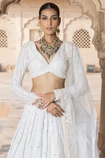 ICEBLUE SEQUIN EMBROIDERED SILK A LINE LEHENGA CHOLI WITH DUPATTA