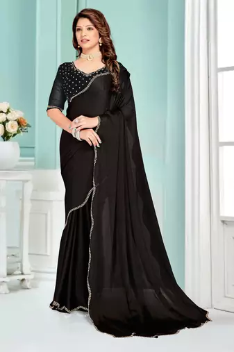 Black Zarkan embroidered Satin Chiffon Silk Saree With Matching Blouse