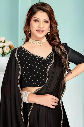 Black Zarkan embroidered Satin Chiffon Silk Saree With Matching Blouse