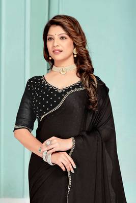 Black Zarkan embroidered Satin Chiffon Silk Saree With Matching Blouse 3