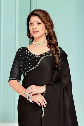 Black Zarkan embroidered Satin Chiffon Silk Saree With Matching Blouse