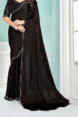 Black Zarkan embroidered Satin Chiffon Silk Saree With Matching Blouse 4