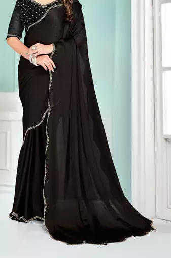 Black Zarkan embroidered Satin Chiffon Silk Saree With Matching Blouse