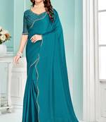 Teal Blue Zarkan embroidered Satin Chiffon Silk Saree With Matching Blouse