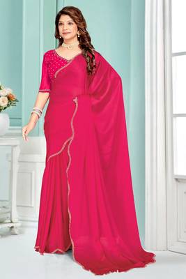 Magenta Zarkan embroidered Satin Chiffon Silk Saree With Matching Blouse 1