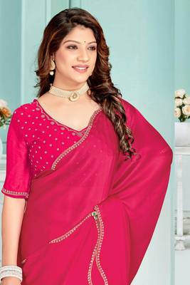 Magenta Zarkan embroidered Satin Chiffon Silk Saree With Matching Blouse 2