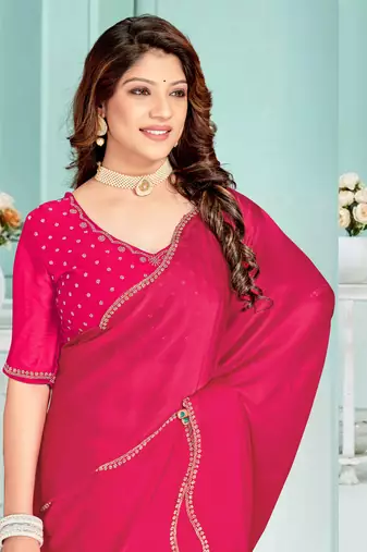 Magenta Zarkan embroidered Satin Chiffon Silk Saree With Matching Blouse