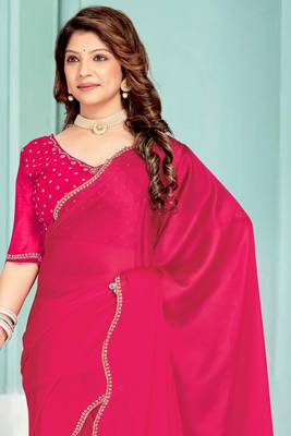 Magenta Zarkan embroidered Satin Chiffon Silk Saree With Matching Blouse 3