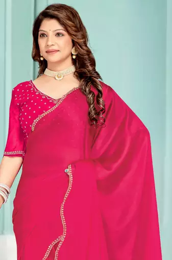 Magenta Zarkan embroidered Satin Chiffon Silk Saree With Matching Blouse