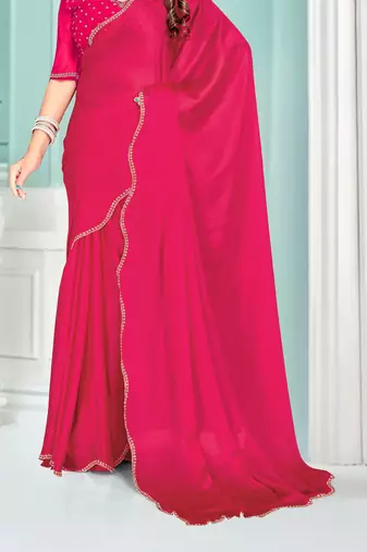 Magenta Zarkan embroidered Satin Chiffon Silk Saree With Matching Blouse