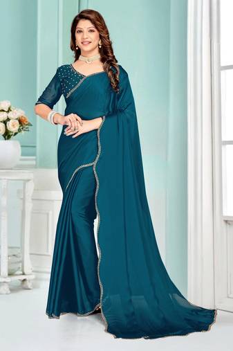Teal Blue Zarkan embroidered Satin Chiffon Silk Saree With Matching Blouse