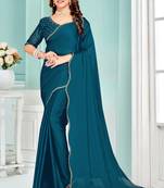 Teal Blue Zarkan embroidered Satin Chiffon Silk Saree With Matching Blouse