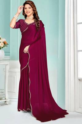 Purple Zarkan embroidered Satin Chiffon Silk Saree With Matching Blouse 1