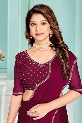 Purple Zarkan embroidered Satin Chiffon Silk Saree With Matching Blouse 2