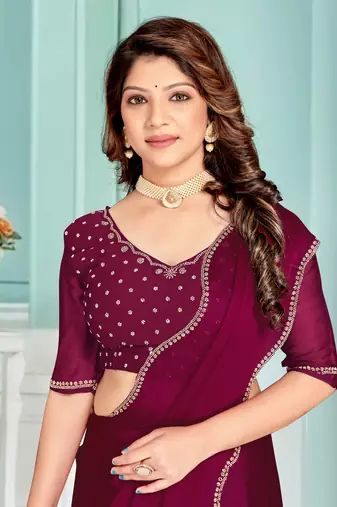 Purple Zarkan embroidered Satin Chiffon Silk Saree With Matching Blouse