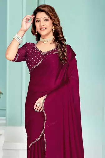 Purple Zarkan embroidered Satin Chiffon Silk Saree With Matching Blouse