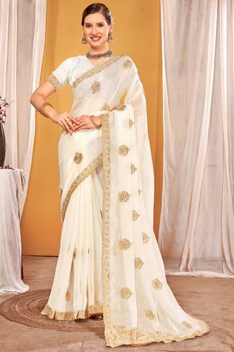 White Zari Embroidered Two Tone Silk Saree With Matching Blouse