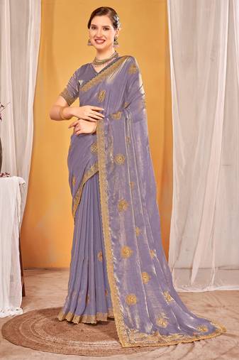 Lavender Zari Embroidered Two Tone Silk Saree With Matching Blouse