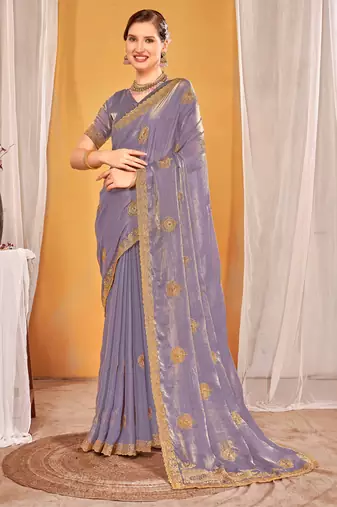 Lavender Zari Embroidered Two Tone Silk Saree With Matching Blouse