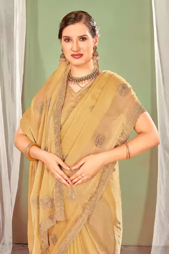 beige two tone silk blend saree