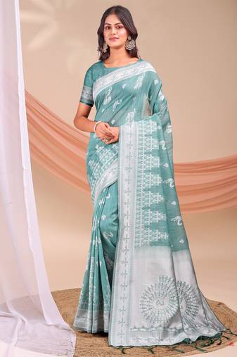 Sea green linen cotton saree for women