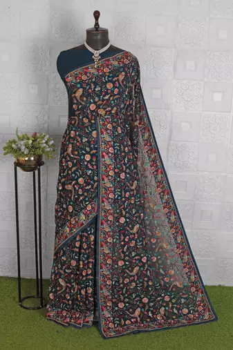 Elegant Midnight Blue Floral Jaal Saree with Bird Motifs Kashmiri Work