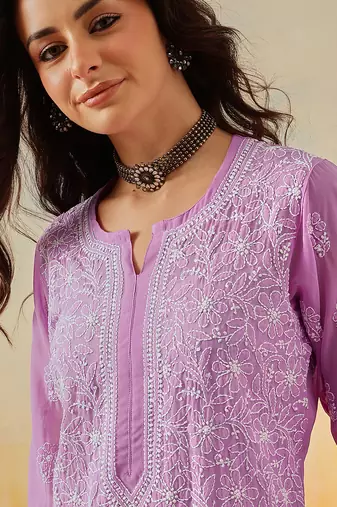 Hand Embroidered Lavender Georgette Lucknow Chikankari Women Kurta