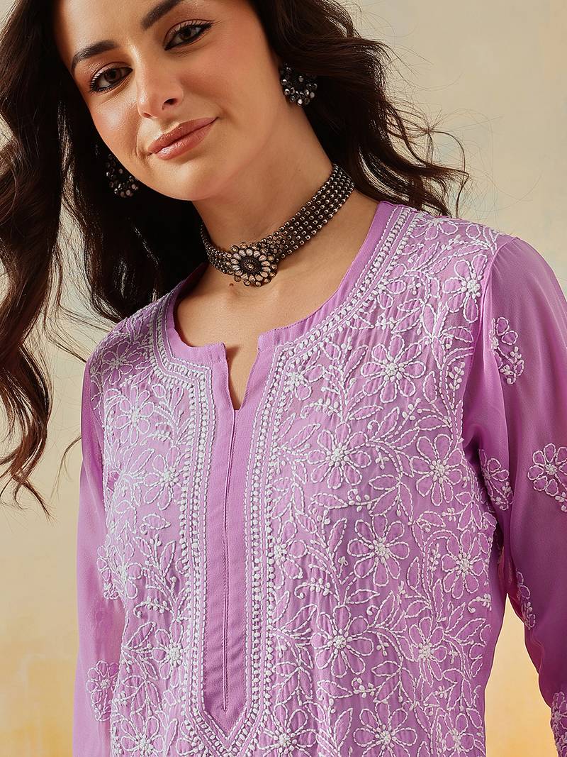 Hand Embroidered Lavender Georgette Lucknow Chikankari Women Kurta