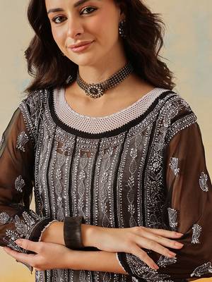 Women'S Hand Embroidered Black Georgette Lucknow Chikankari Anarkali Kurta 7