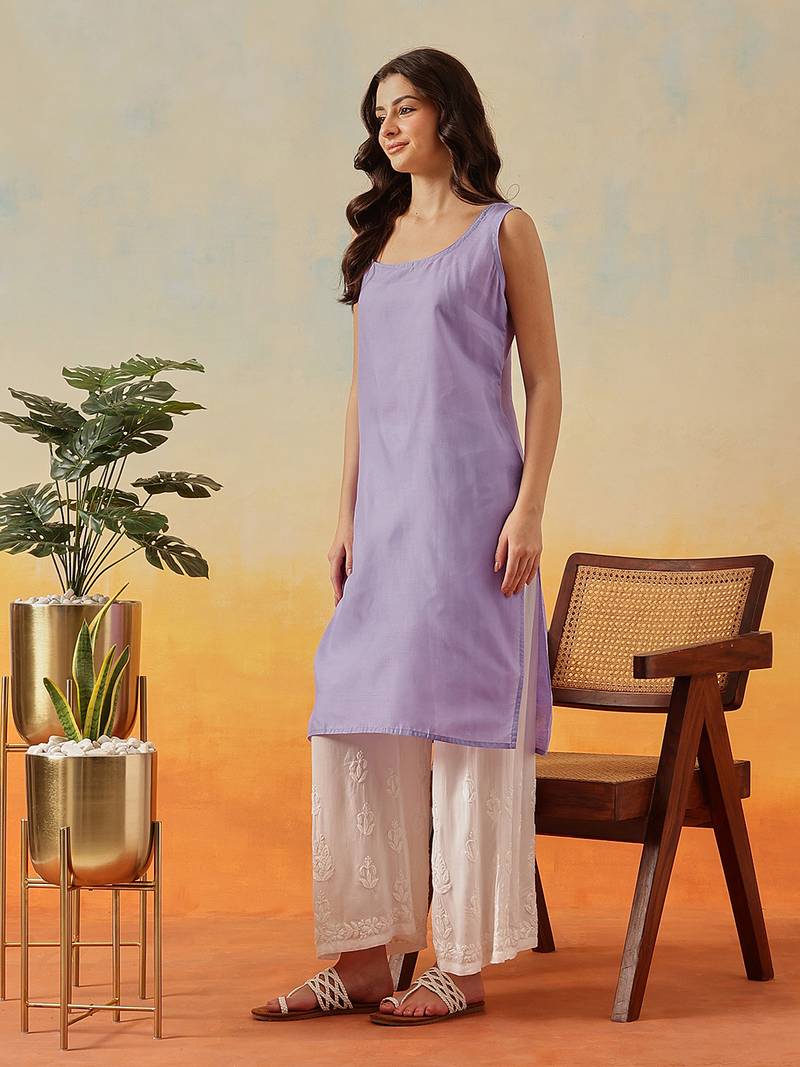 Women Hand Embroidered Mauve Georgette Lucknow Chikan Kurta And Slip With Gota Patti Work