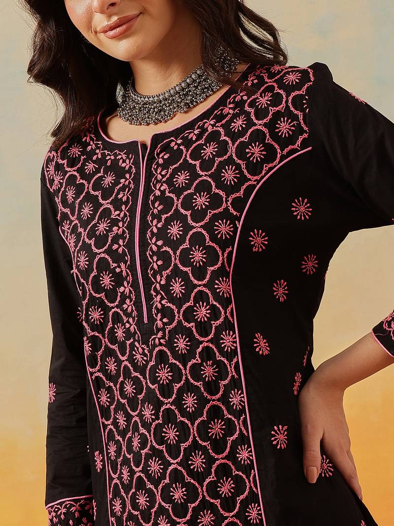 Hand embroidered black cotton lucknowi chikankari straight kurta