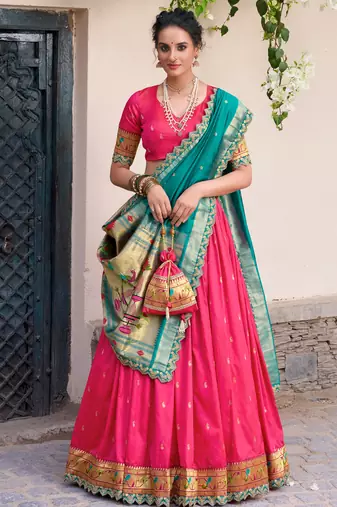 Pink Silk Festive Wear Zari Weaving Lehenga Choli With Dupatta