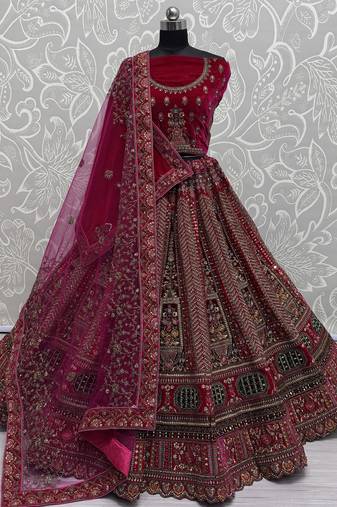 Stunning Pink Velvet Hand Mirror Work Bridal Lehenga Choli With Dupatta