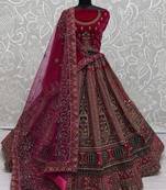 Pink Velvet Hand Mirror Work Bridal Lehenga Choli With Dupatta