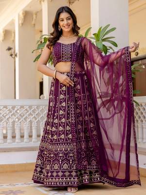 wine georgette sequins party lehenga set choli with dupatta 1