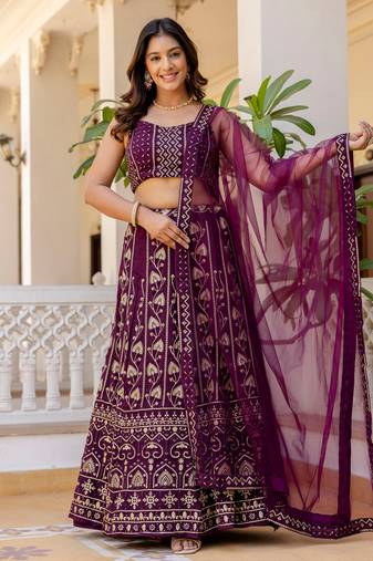 Wine Georgette Sequins Party Wear Lehenga Choli