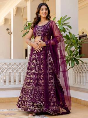 wine georgette sequins party lehenga set choli with dupatta 2