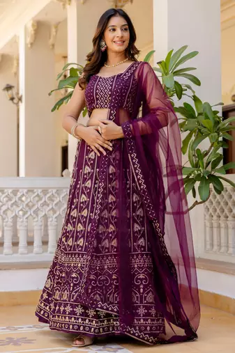 wine georgette sequins party lehenga set choli with dupatta