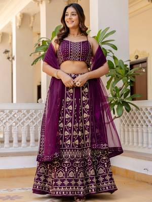 wine georgette sequins party lehenga set choli with dupatta 3
