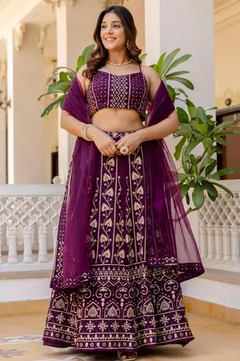 wine georgette sequins party lehenga set choli with dupatta