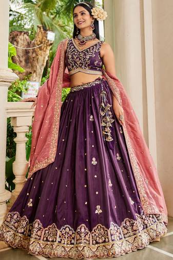 Mesmerizing Burgundy Tissue Thread Embroidered Lehenga Choli