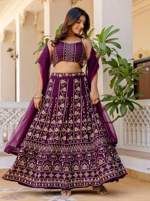 wine georgette sequins party lehenga set choli with dupatta 4