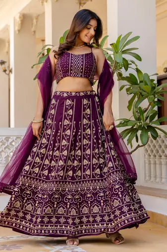 wine georgette sequins party lehenga set choli with dupatta