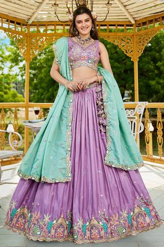 Lilac Satin Sequins Embroidery Lehenga Choli With Dupatta