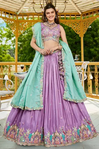 Lilac Satin Sequins Embroidery Lehenga Choli With Dupatta