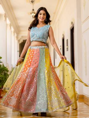 multi color sequins georgette lehenga set choli with dupatta with dupatta 1