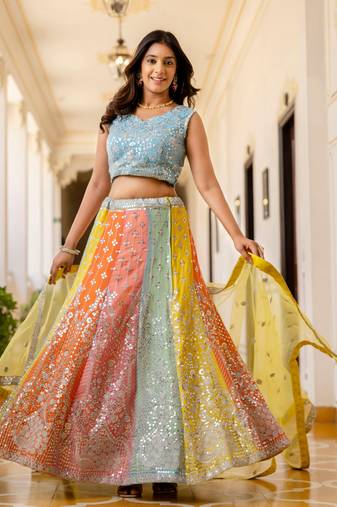 Adoring Multi Color Sequins Georgette Lehenga Choli With Dupatta