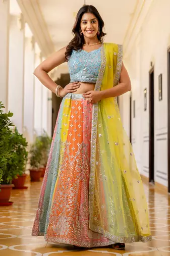 multi color sequins georgette lehenga set choli with dupatta with dupatta