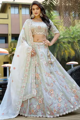 Delightful Light Grey Sequins Silk Reception Wear Lehenga With Blouse