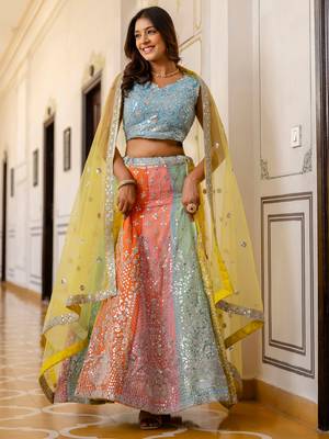 multi color sequins georgette lehenga set choli with dupatta with dupatta 3